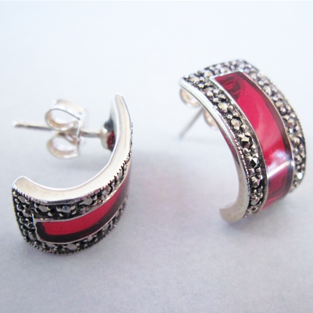 Red Enamel Rectangle Earrings with Marcasite - Click Image to Close